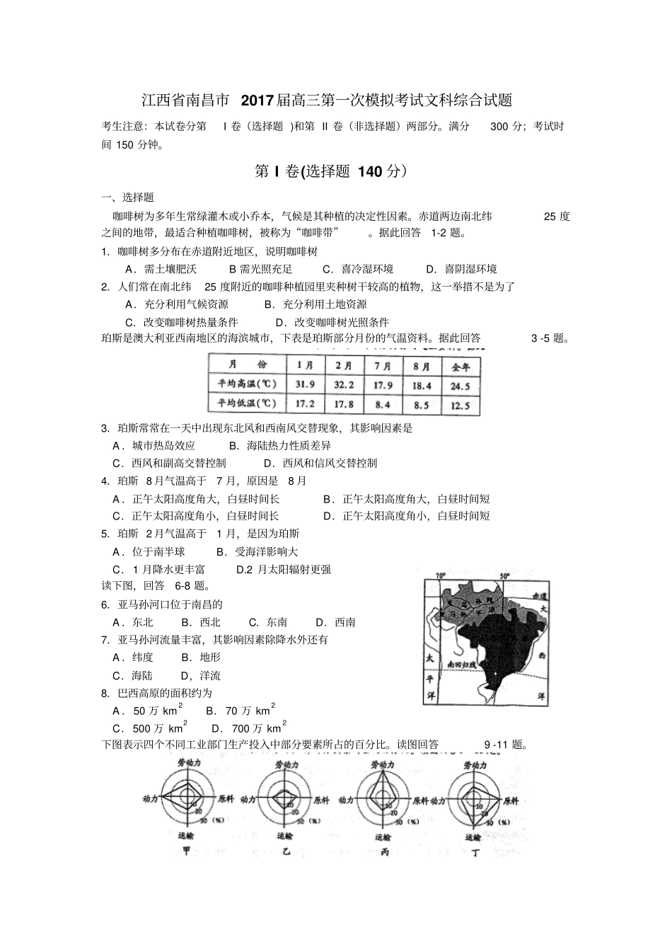江西南昌2017届高三第一次模拟考试文科综合试题汇总_第1页