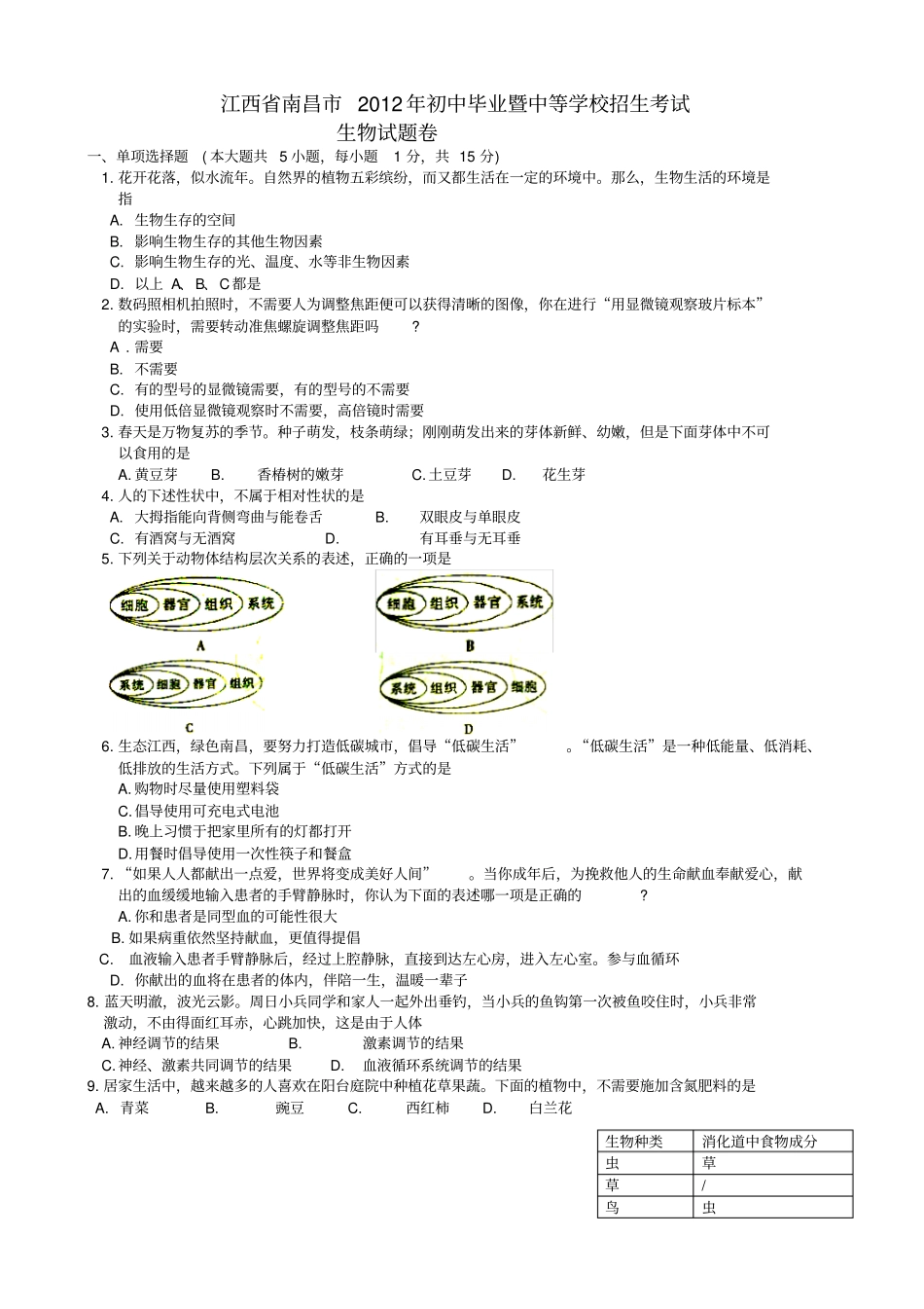 江西南昌中考生物试卷有答案-中考生物试题_第1页