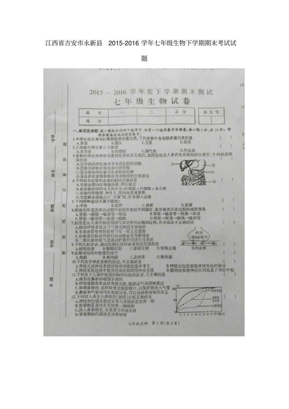 江西吉安永新年七年级生物下学期期末考试试题冀教版_第1页