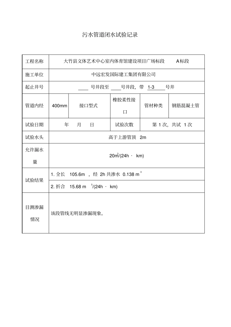 污水管道闭水试验记录_第1页