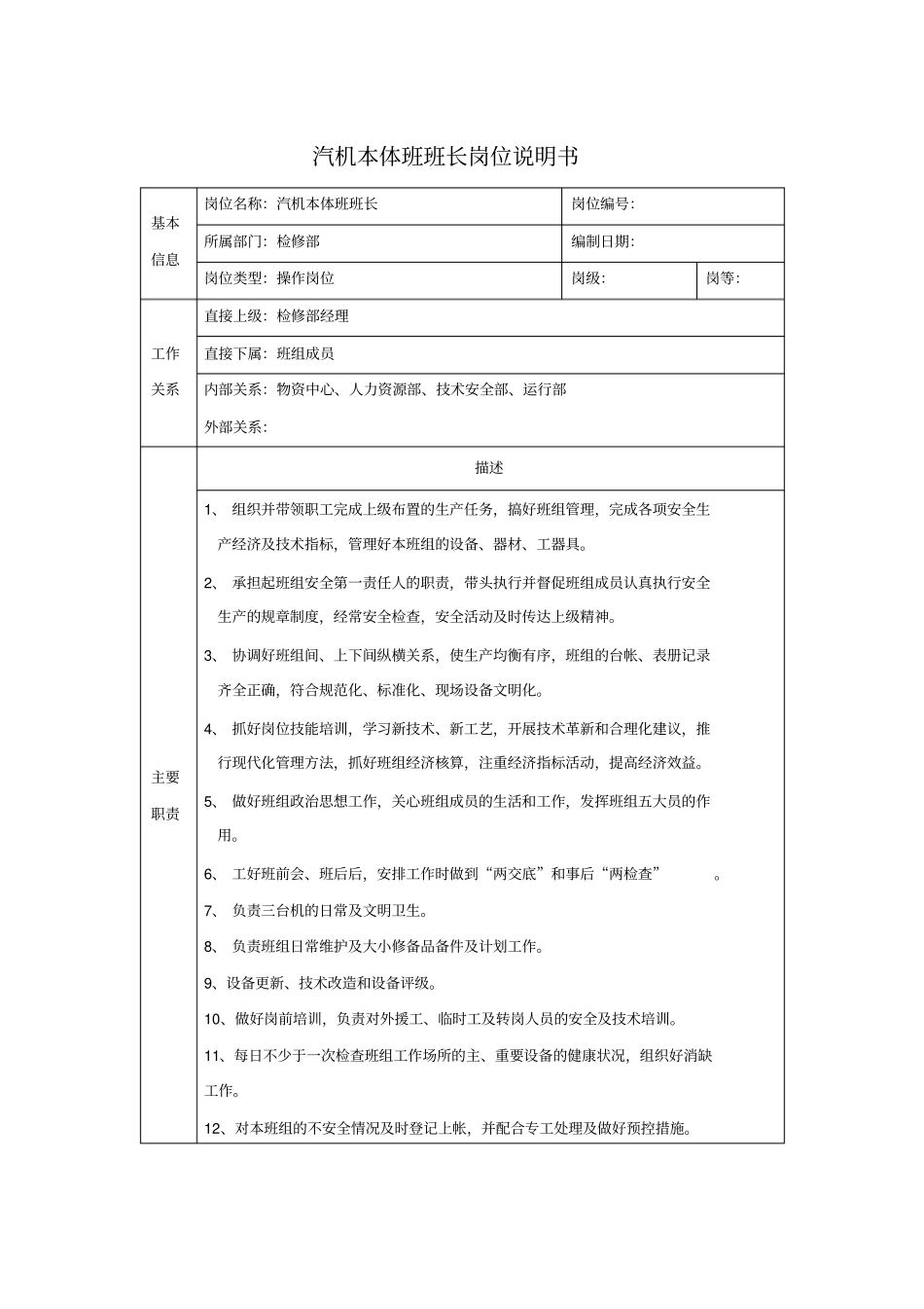 汽机本体班班长岗位说明书_第1页