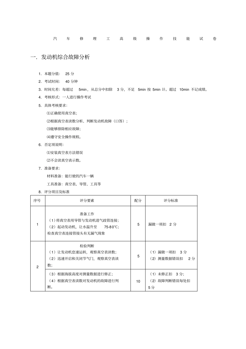 汽车修理工高年级操作技能试卷_第1页