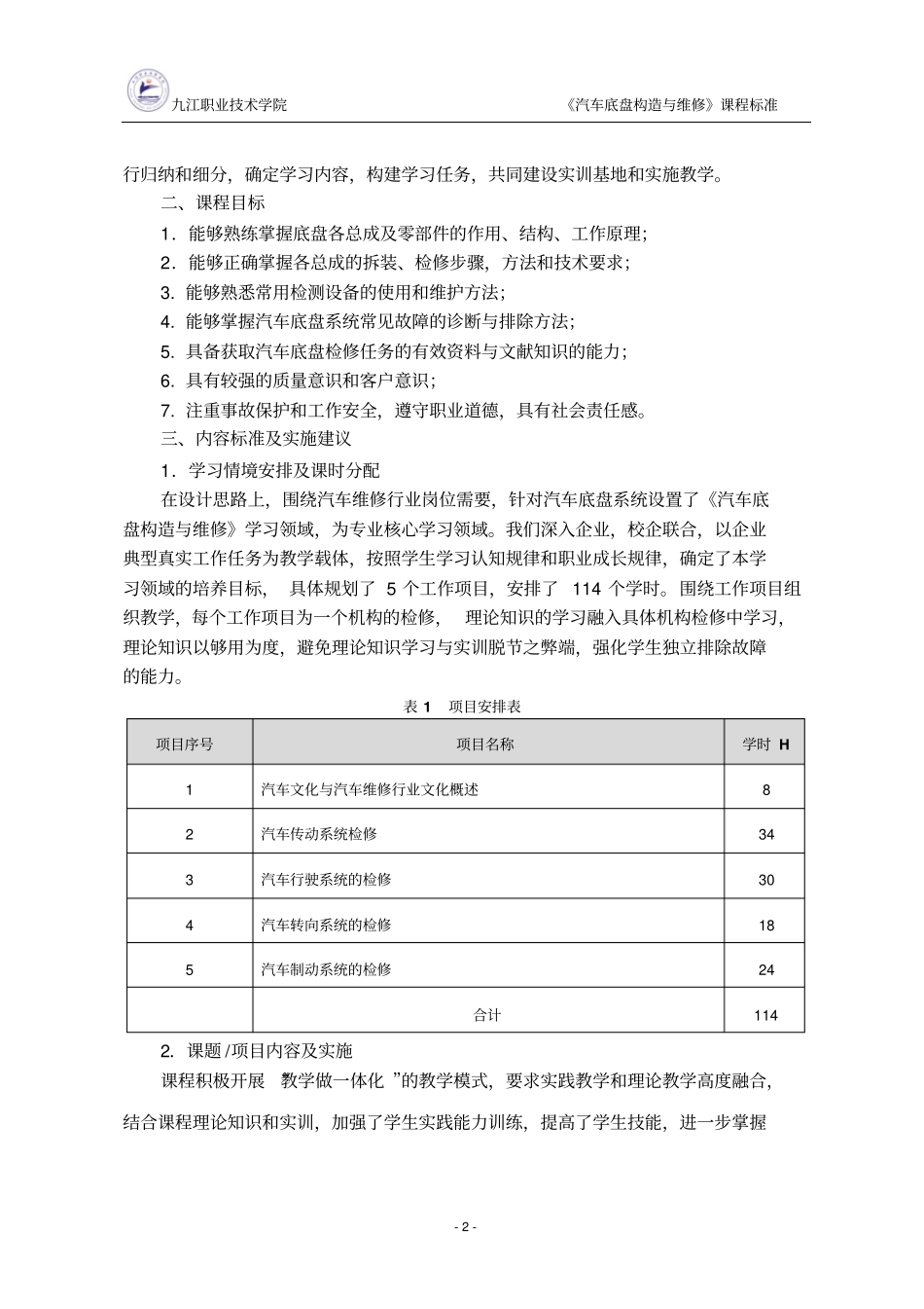 汽车底盘构造与维修课程标准汽车检测与维修技术专业解析_第2页