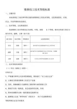 汽车技工等级标准内部考核