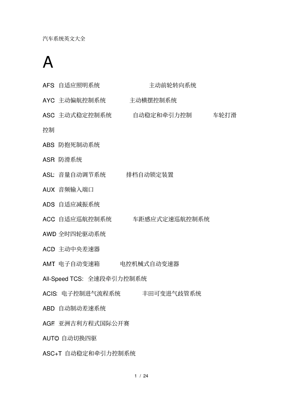 汽车系统英文缩写大全_第1页