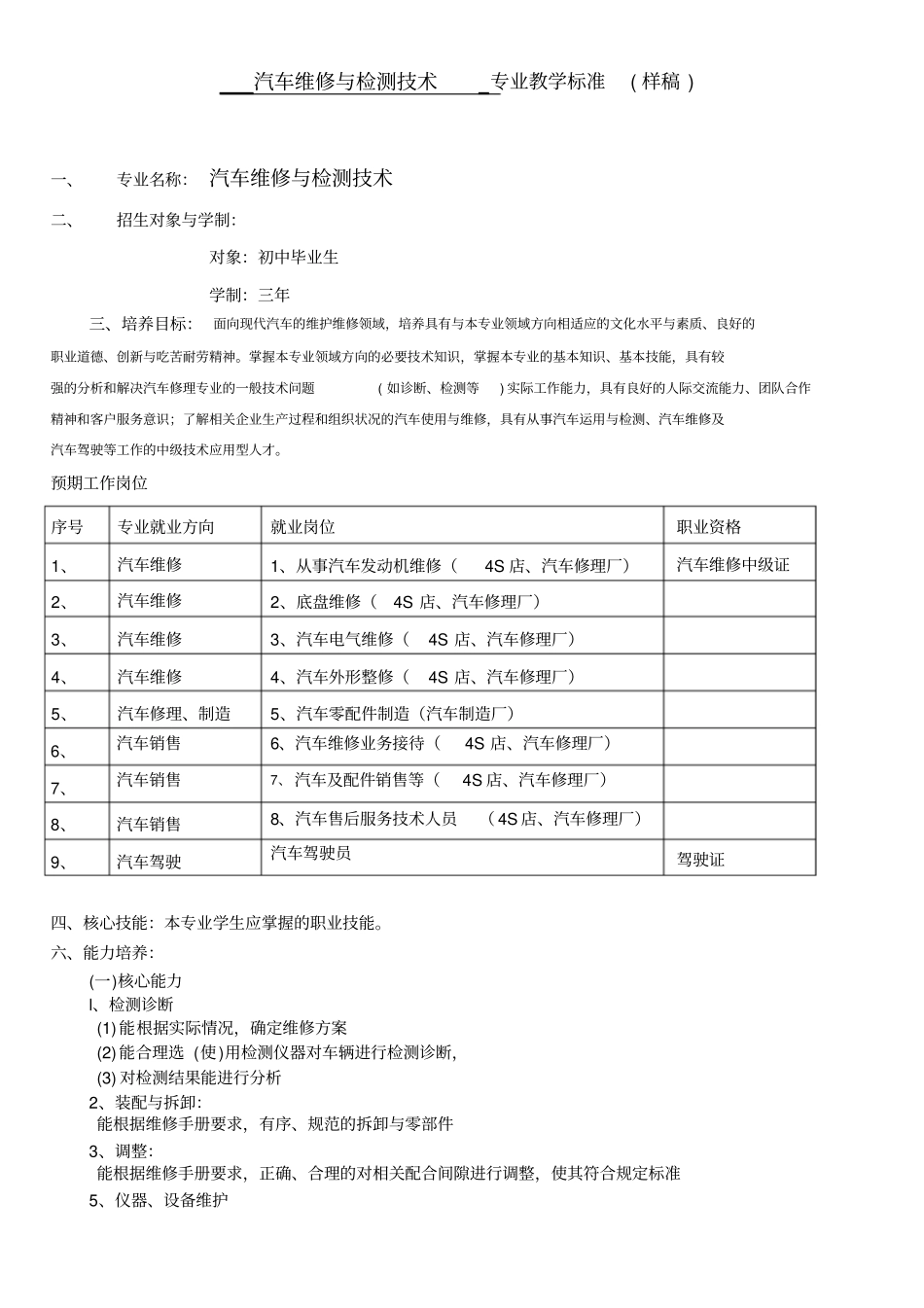 汽车维修专业教学计划_第1页