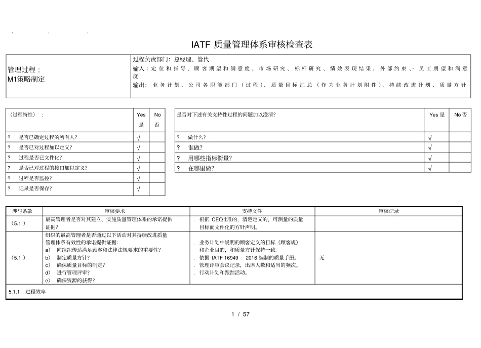 汽车行业IATF16949内审检查表全套资料全_第1页