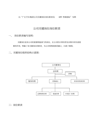 汽车行业集团公司关键岗位岗位职责及KPI考核指标