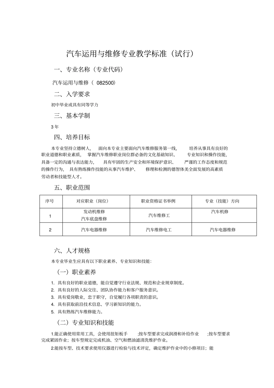 汽车运用与维修专业教学标准分析_第1页