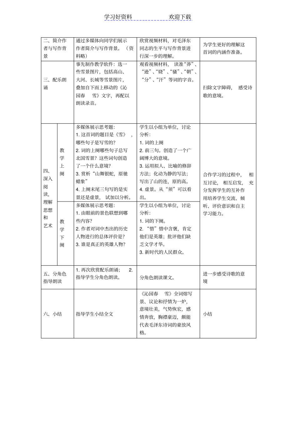 沁园春雪表格式教学设计_第2页