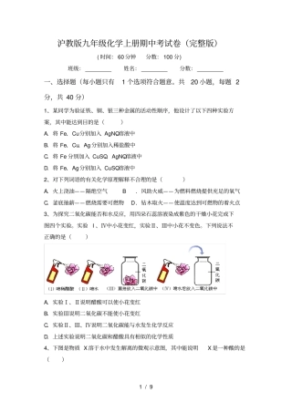 沪教版九年级化学上册期中考试卷