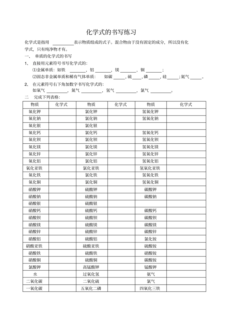 沪教版九年级化学上册练习：1化学式的书写练习_第1页