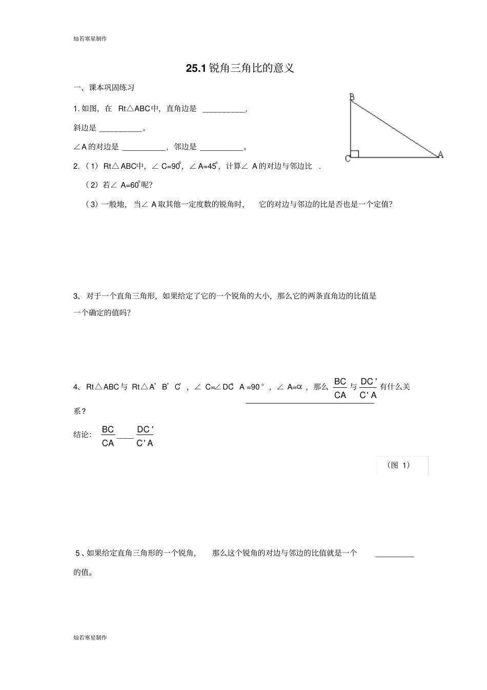 沪教版五四制九年级数学上同步练习：21锐角三角比的意义_第1页