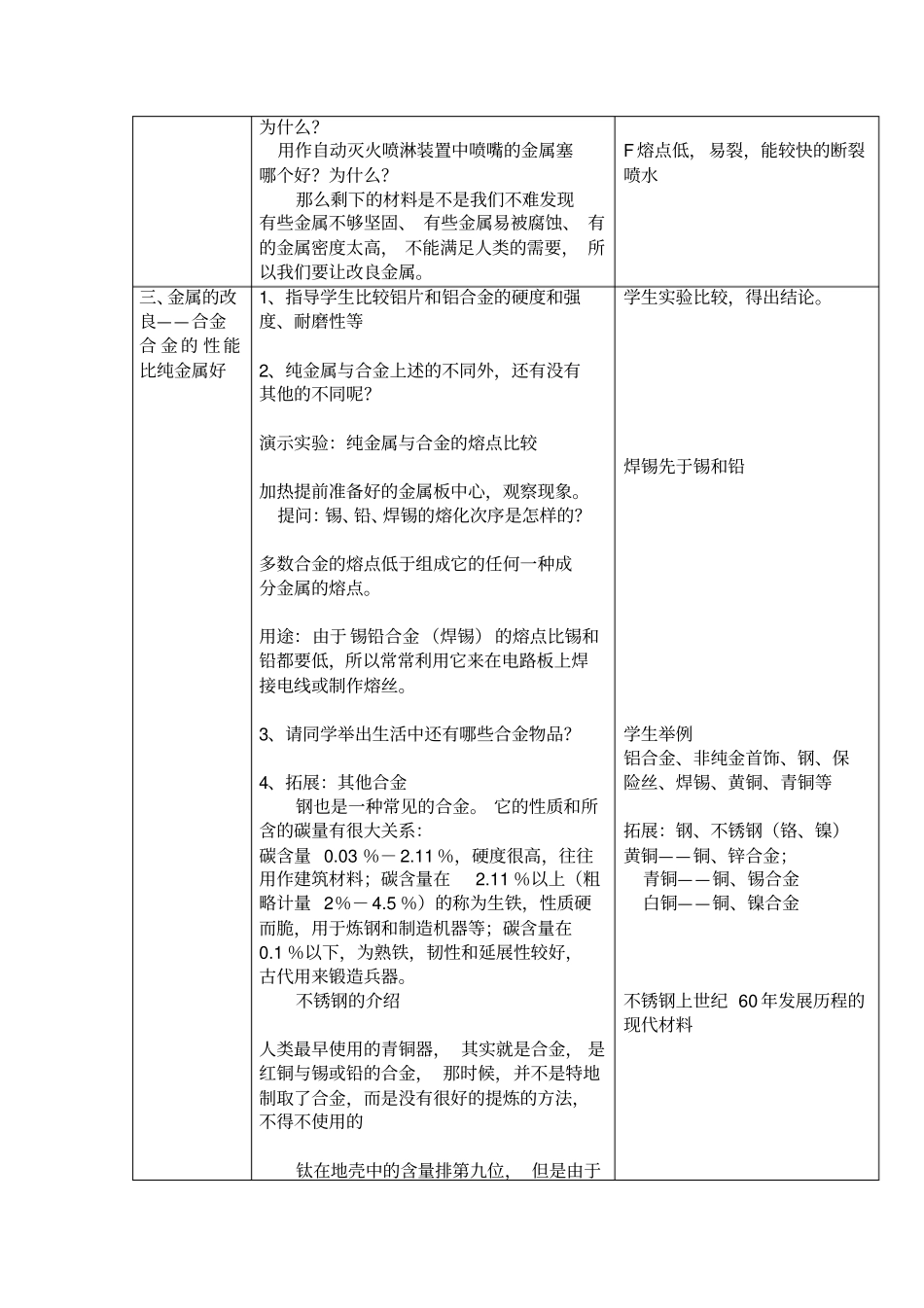 沪教版初中科学七年级下册金属表格式教学设计_第3页