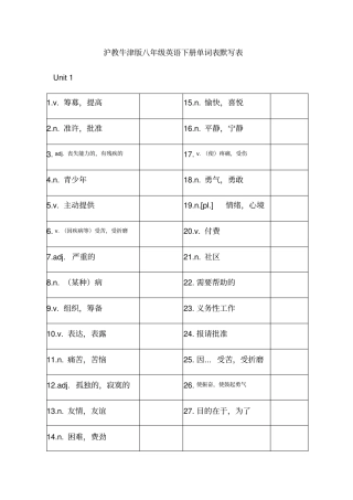 沪教牛津版八年级英语下册单词表默写表