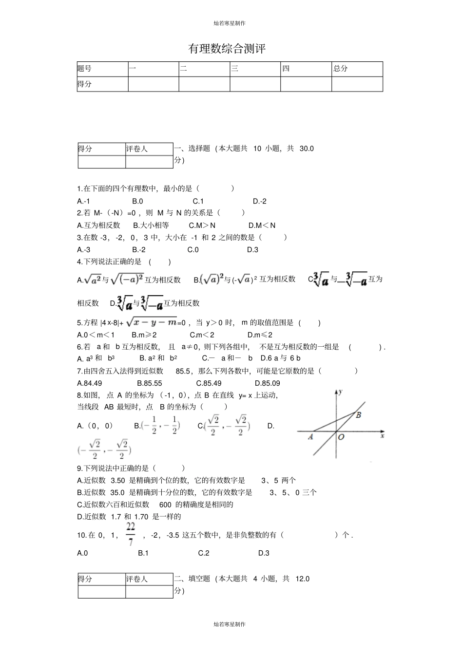 沪科版七年级数学上册有理数综合测评_第1页