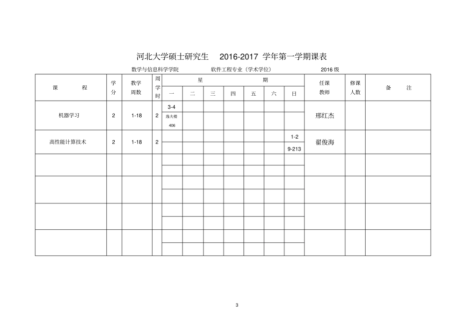 河北大学硕士研究生2012017学年第一学期课表_第3页