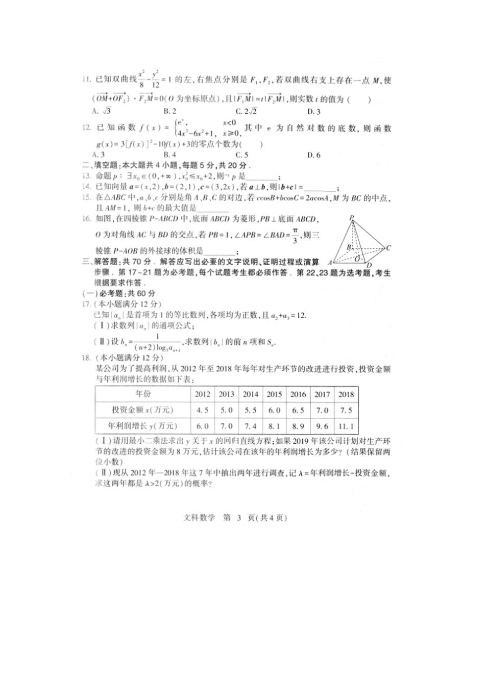 河北石家庄2019届高三毕业班教学质量检测文科数学试题及参考答案_第3页