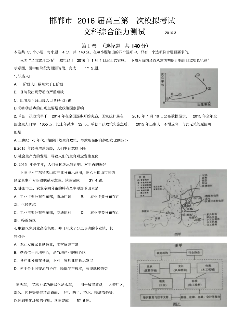 河北邯郸2016届高三第一次模拟考试文综试题版含答案讲解_第1页