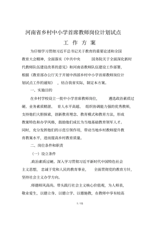 河南乡村中小学首席教师岗位计划试点