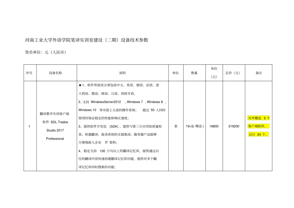 河南工业大学外语学院笔译实训室建设二期设备技术参数_第1页