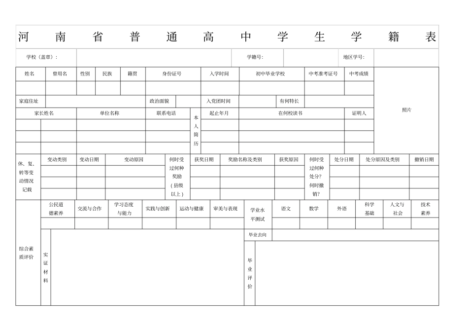 河南普通高中学生学籍表_第1页