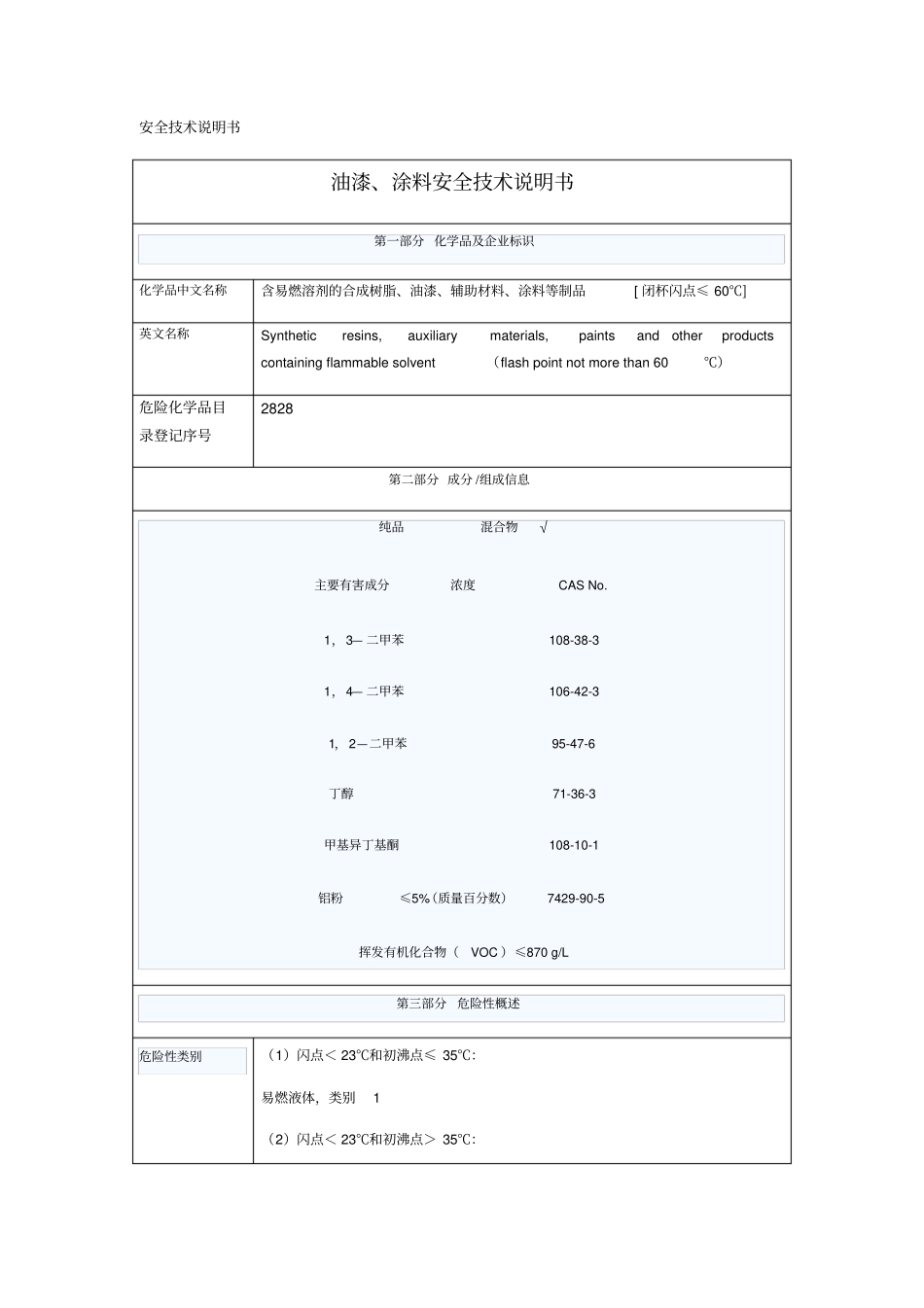 油漆涂料安全技术说明书_第1页