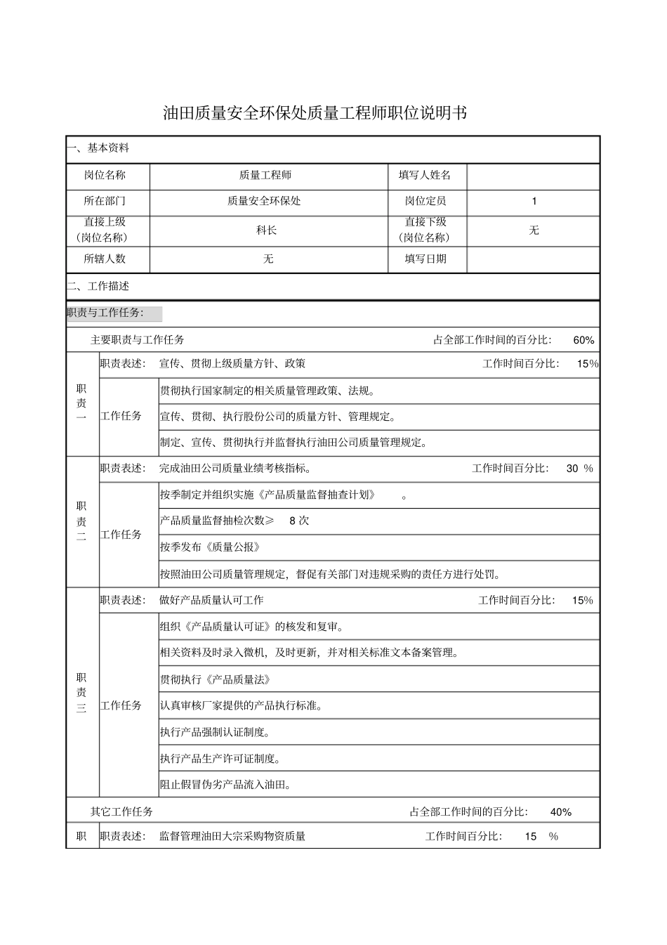 油田质量安全环保处质量工程师职位说明书_第1页