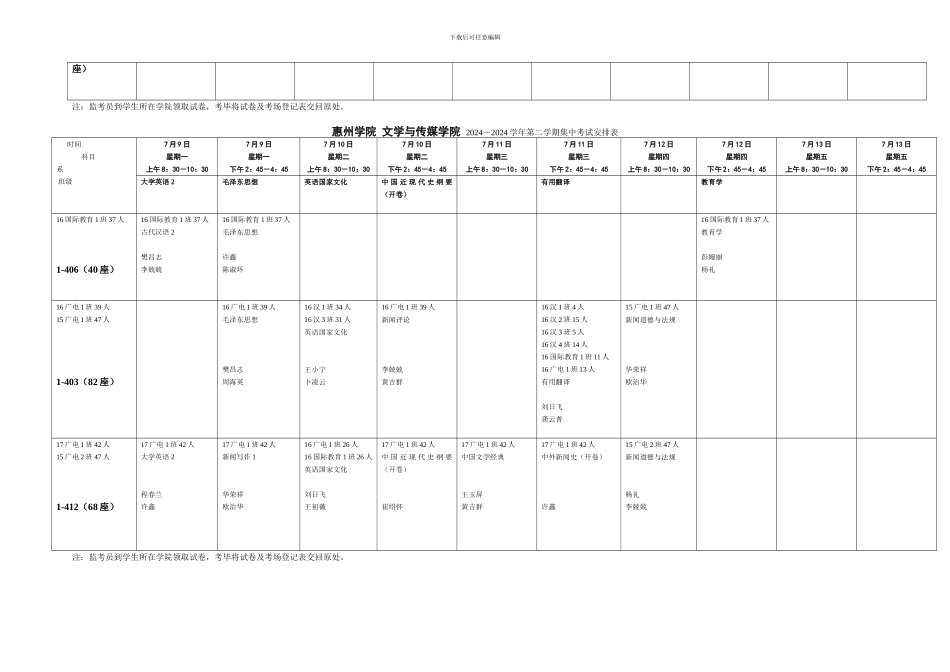 惠州学院-文学与传媒学院-2024-2024学年第二学期集中考试安排表_第3页