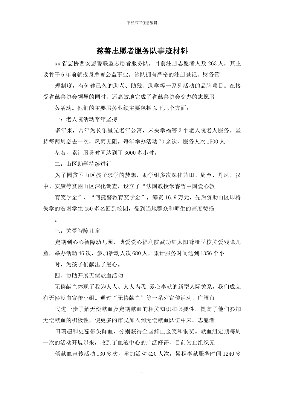 慈善志愿者服务队事迹材料_第1页