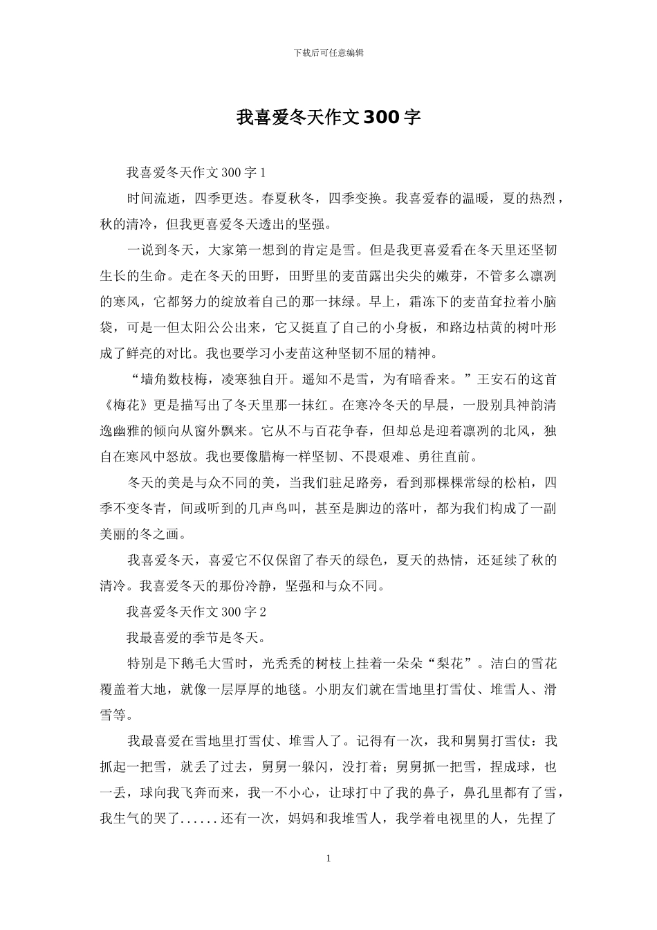 我喜欢冬天作文300字_第1页