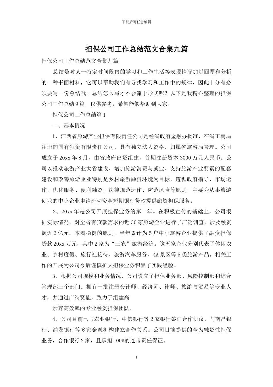 担保公司工作总结范文合集九篇_第1页
