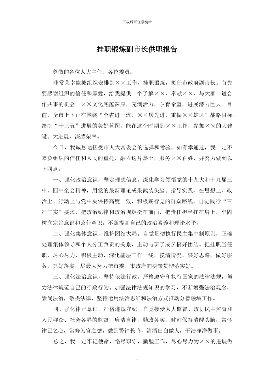 挂职锻炼副市长供职报告_第1页