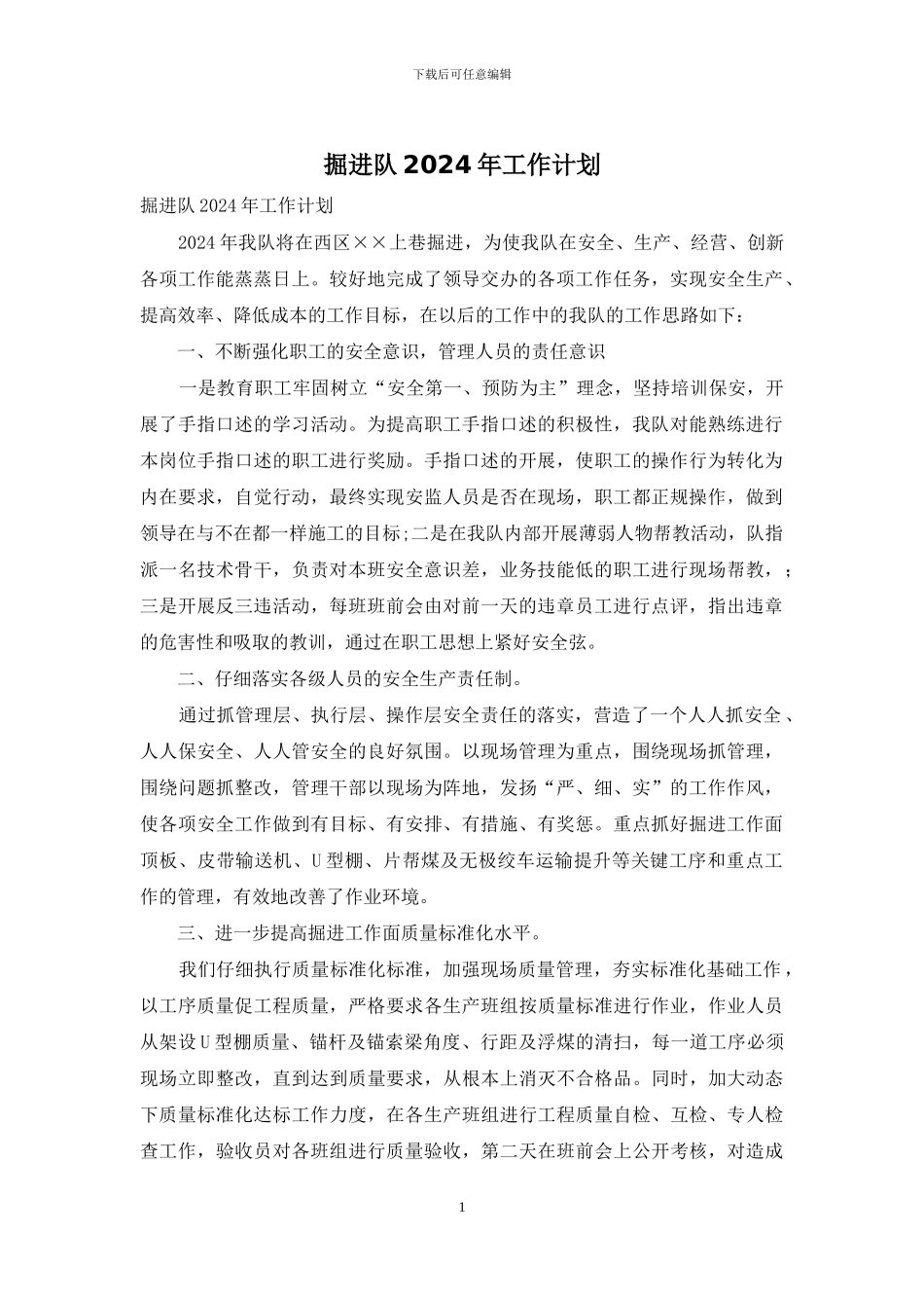 掘进队2024年工作计划_第1页