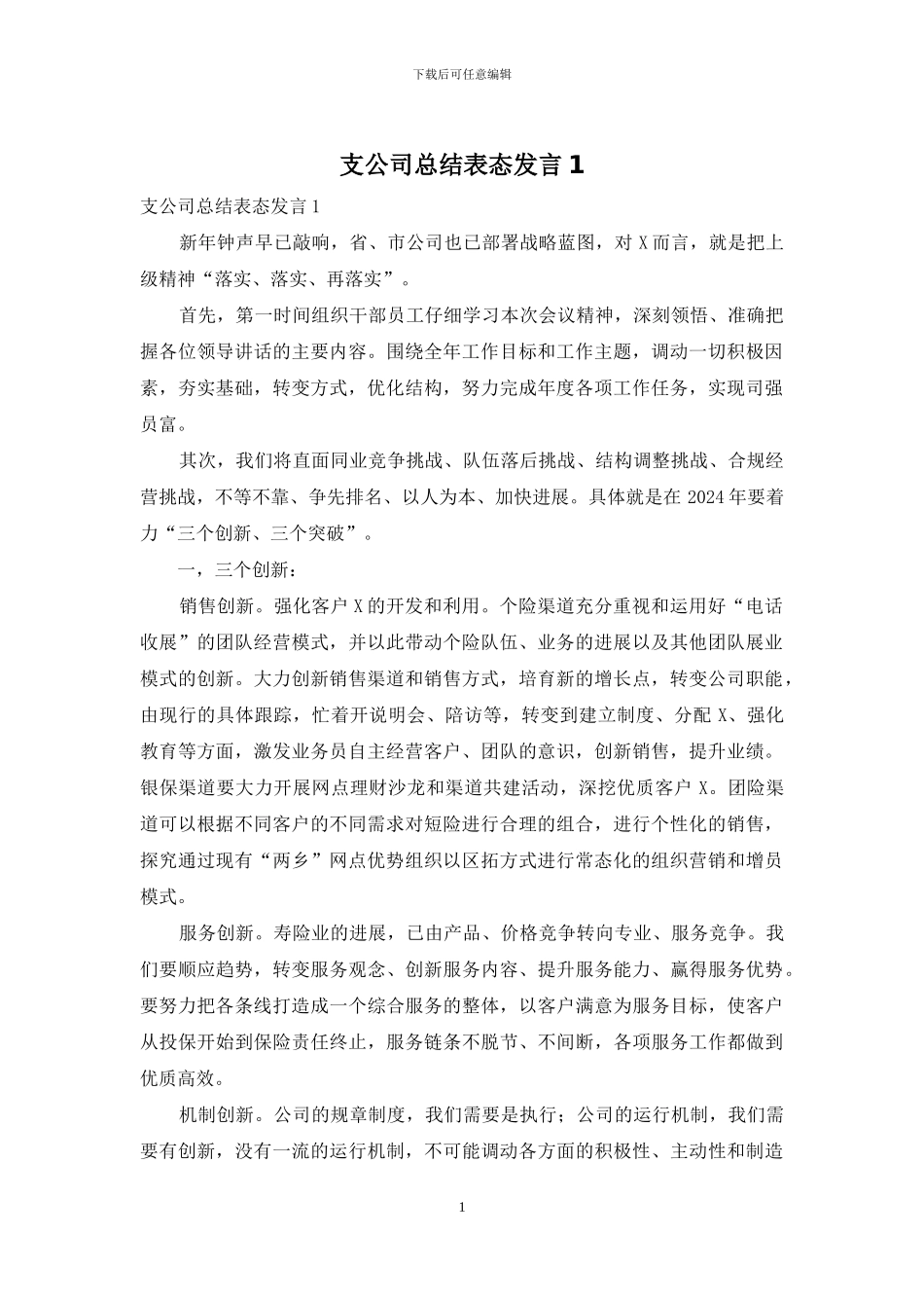 支公司总结表态发言1_第1页