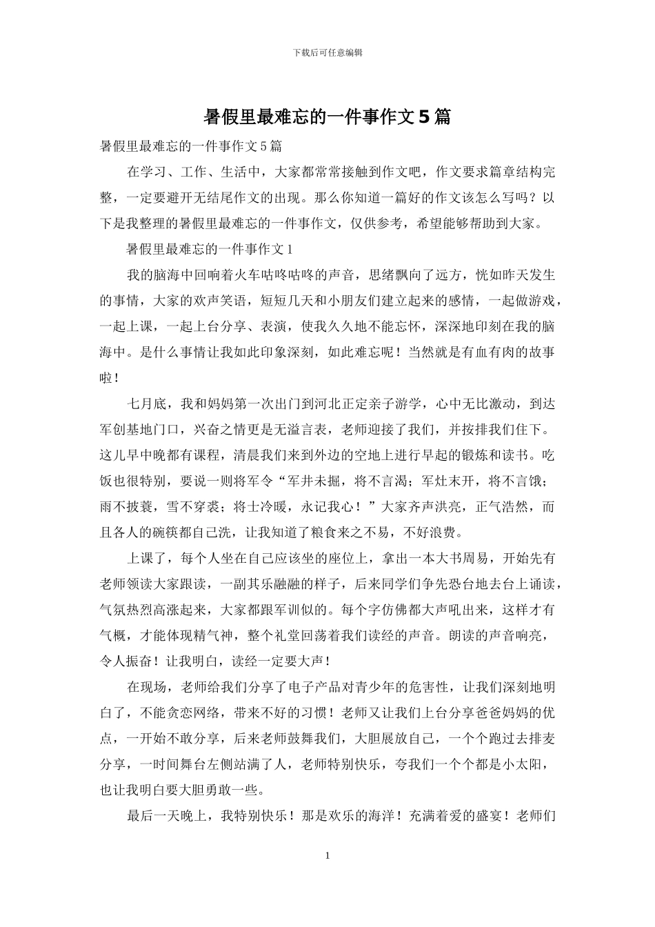 暑假里最难忘的一件事作文5篇_第1页