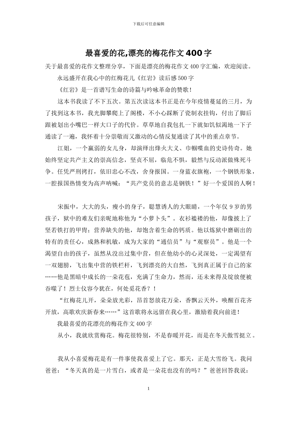 最喜欢的花-美丽的梅花作文400字_第1页