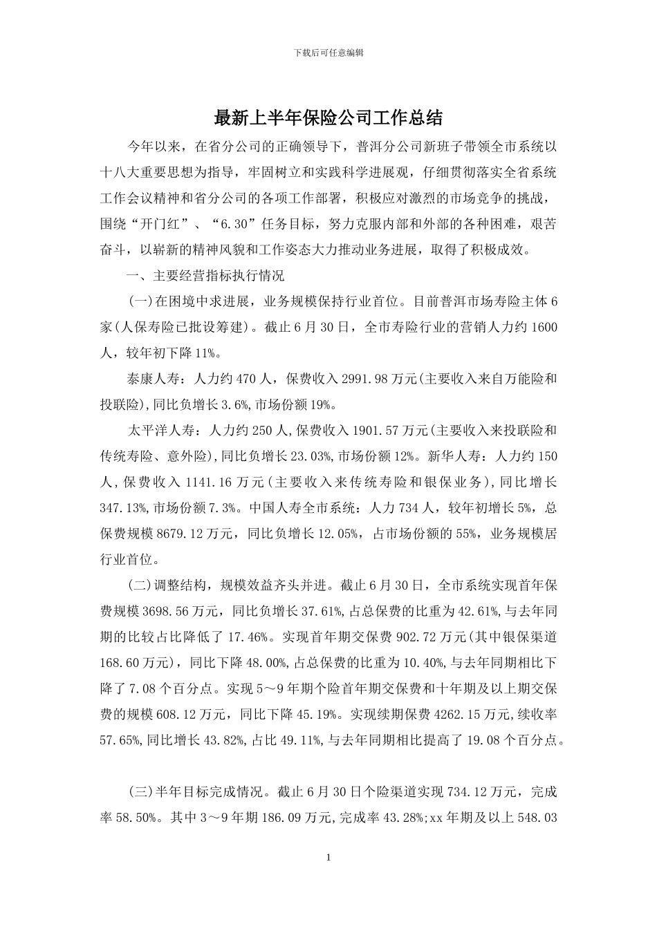 最新上半年保险公司工作总结_第1页