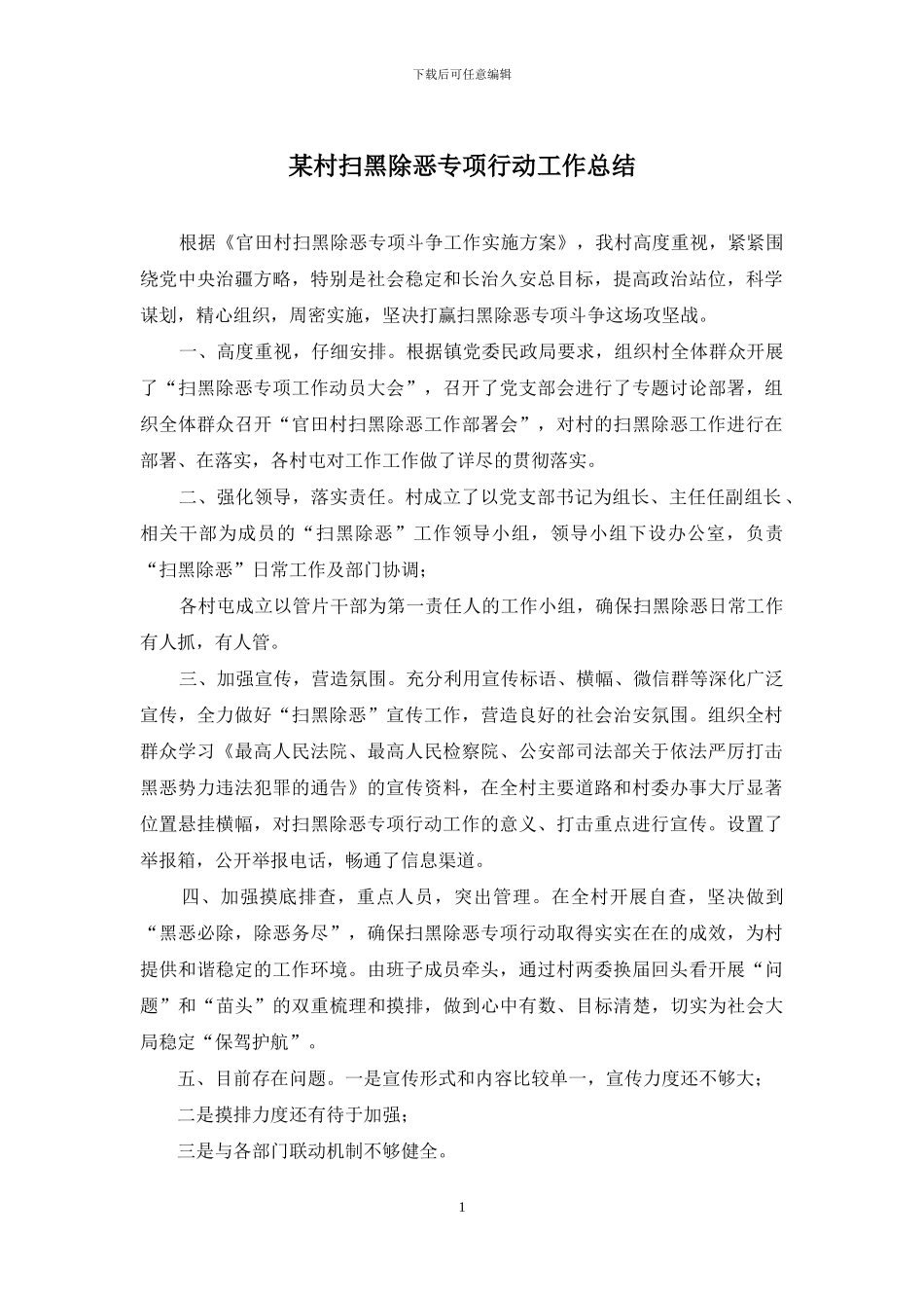 某村扫黑除恶专项行动工作总结_第1页