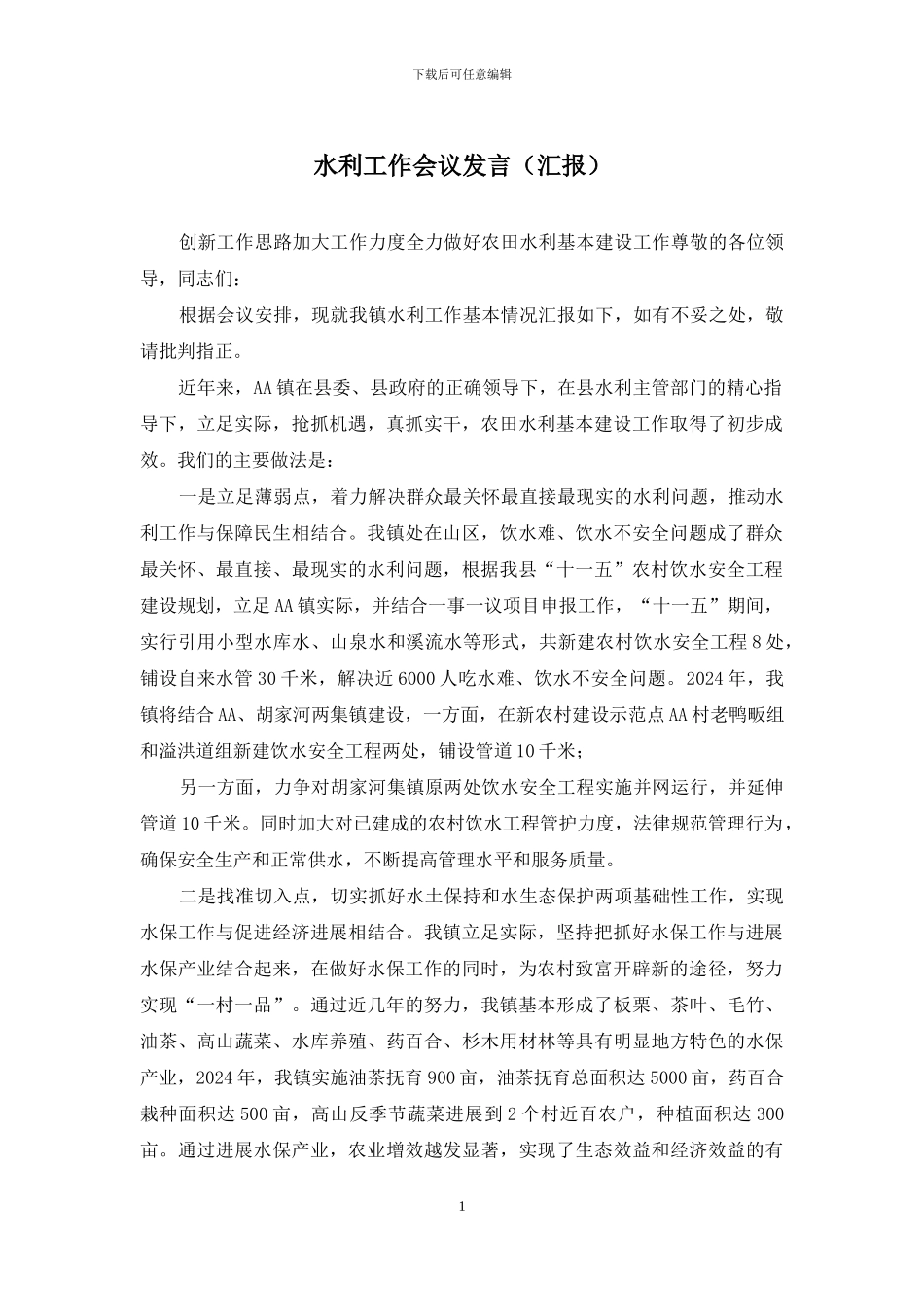 水利工作会议发言_第1页