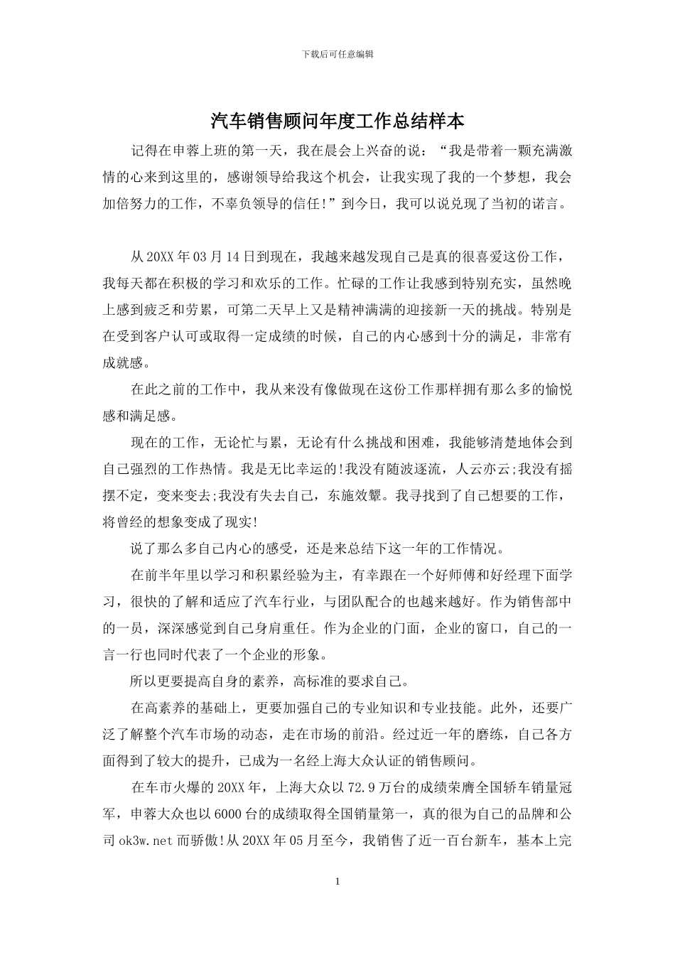 汽车销售顾问年度工作总结样本_第1页