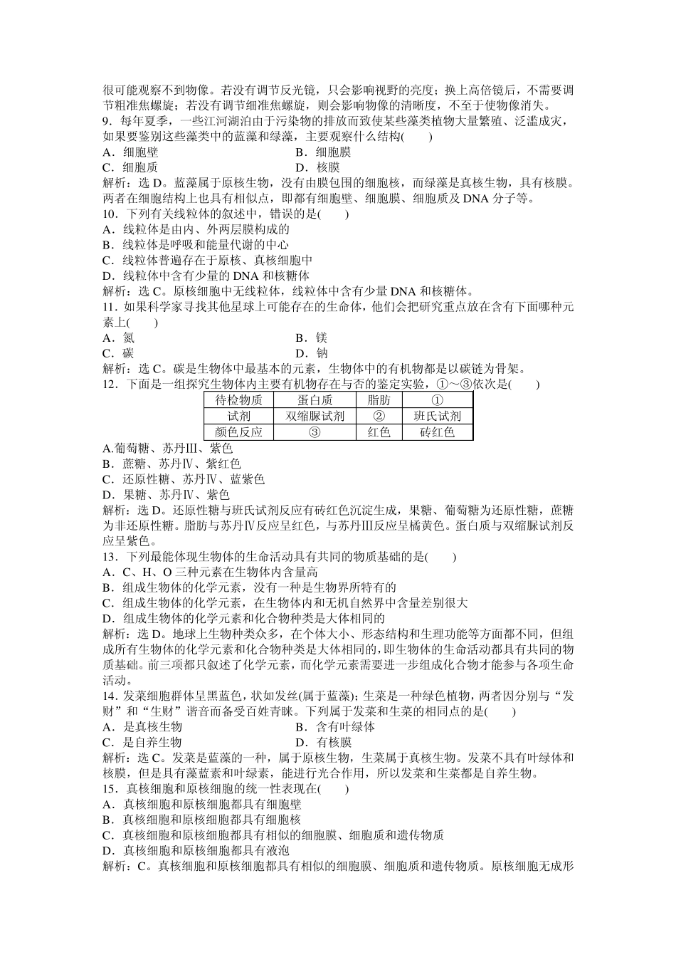 中图版生物必修1：第一单元第二章阶段性综合检测_第2页