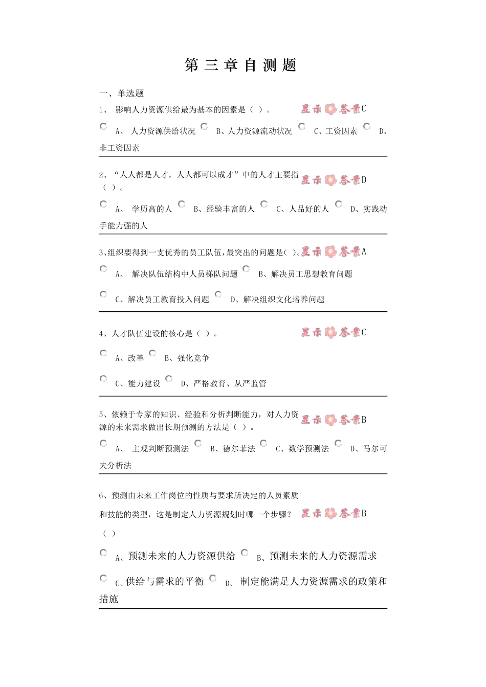 中央电大第二学期期未闭卷复习题及答案人力资源第三章自测题_第1页