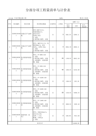 中央空调工程分部分项工程量清单(招标标底)