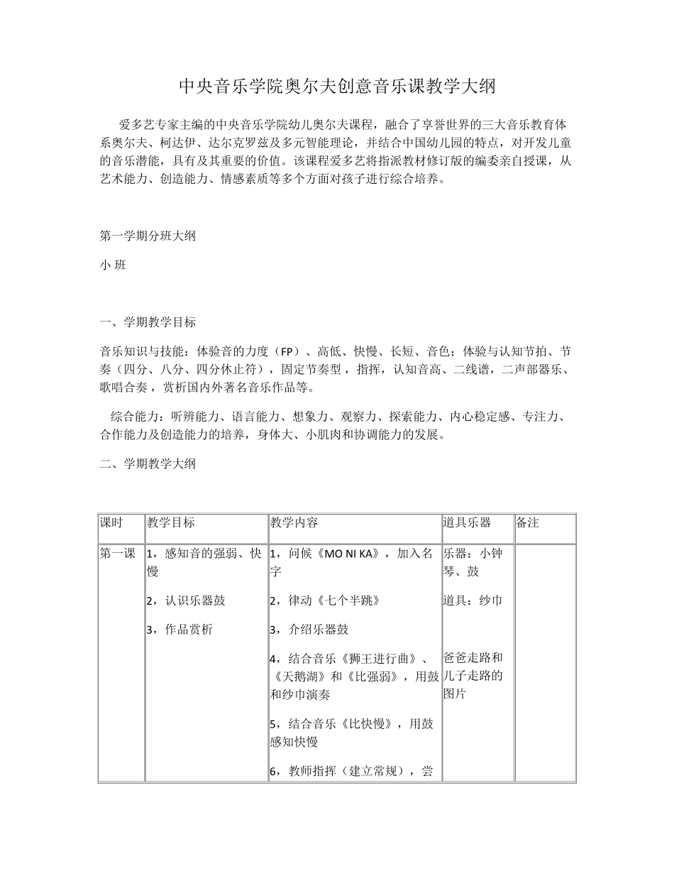 中央音乐学院奥尔夫创意音乐课教学大纲_第1页