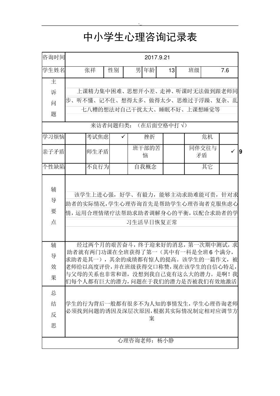 中小学生心理健康咨询记录资料表_第1页