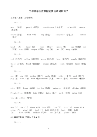 五年级学生应掌握的英语单词和句子