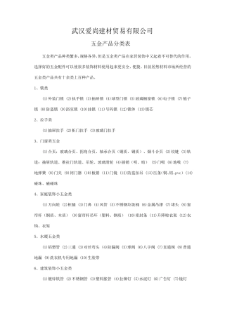 五金产品分类表