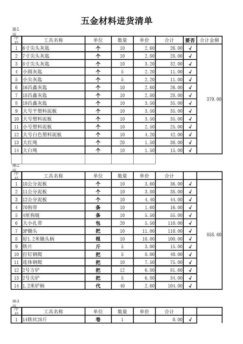 五金材料进货清单表_第1页