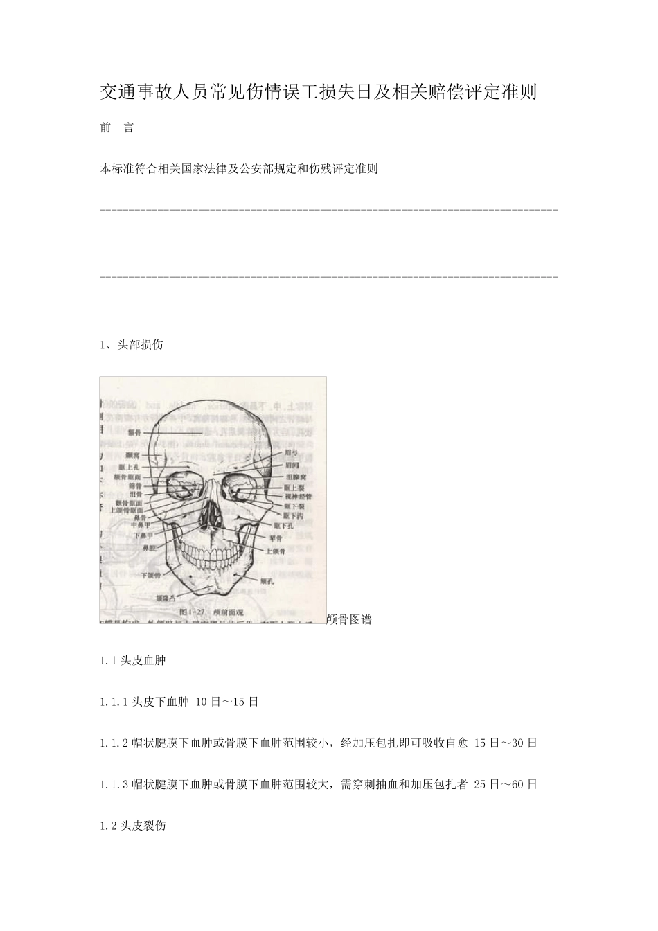 交通事故人员常见伤情误工损失日及相关赔偿评定准则_第1页